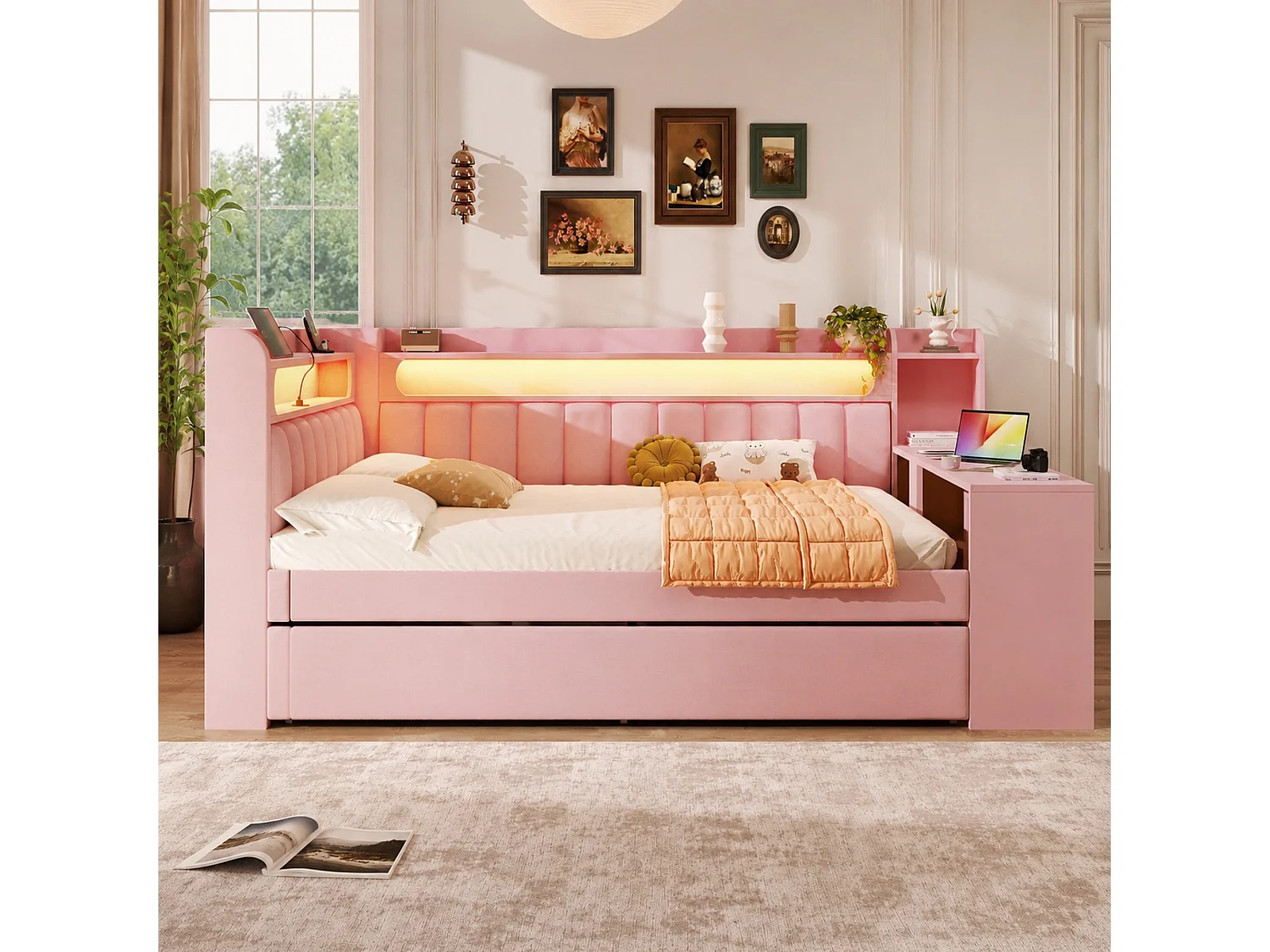 Lit banquette gigogne 140x200 cm en tissu rose avec bureau intégré, lit d'appoint 90x190, LED, USB et étagères, sans matelas