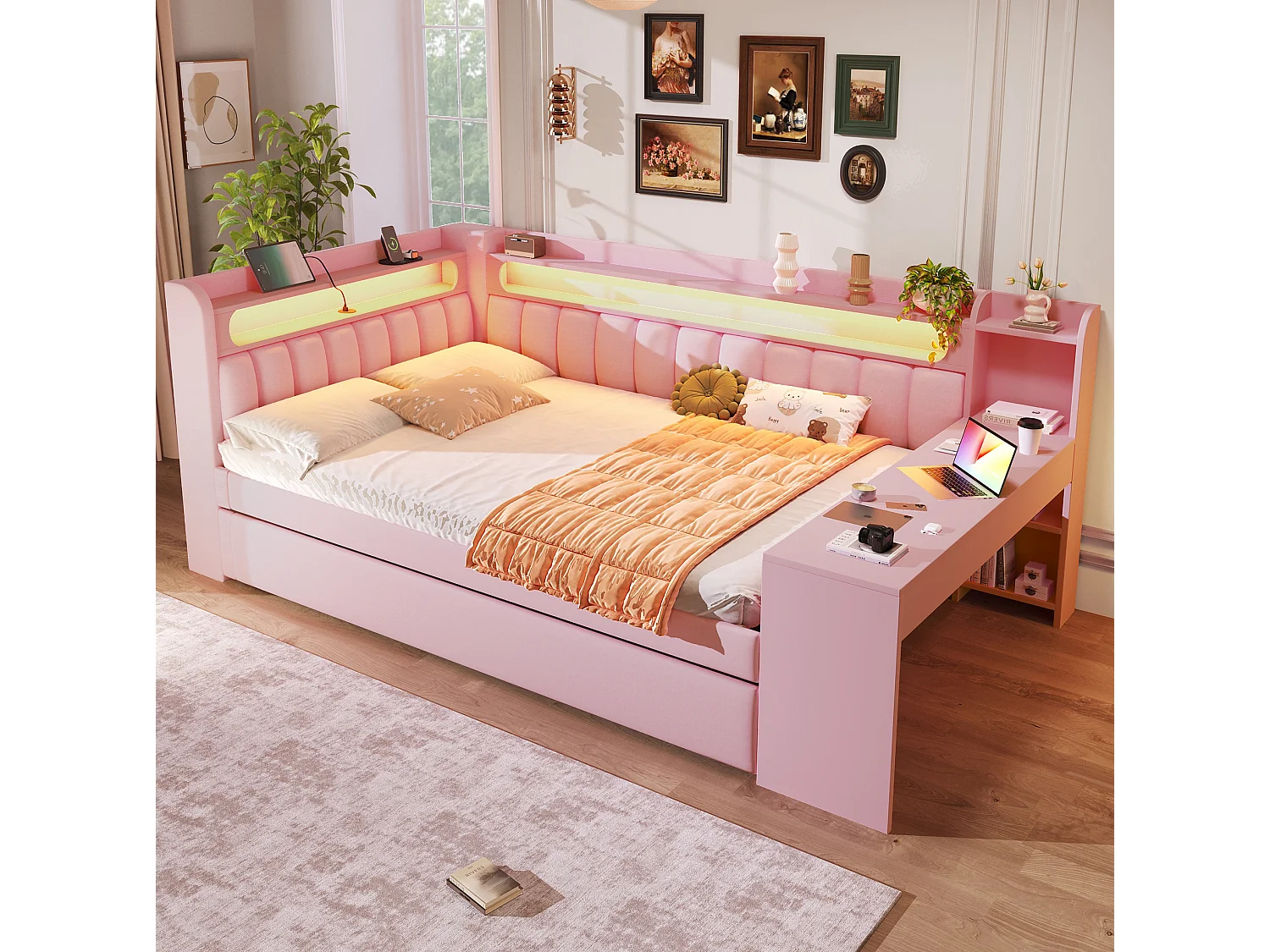 Lit banquette gigogne 140x200 cm en tissu rose avec bureau intégré, lit d'appoint 90x190, LED, USB et étagères, sans matelas