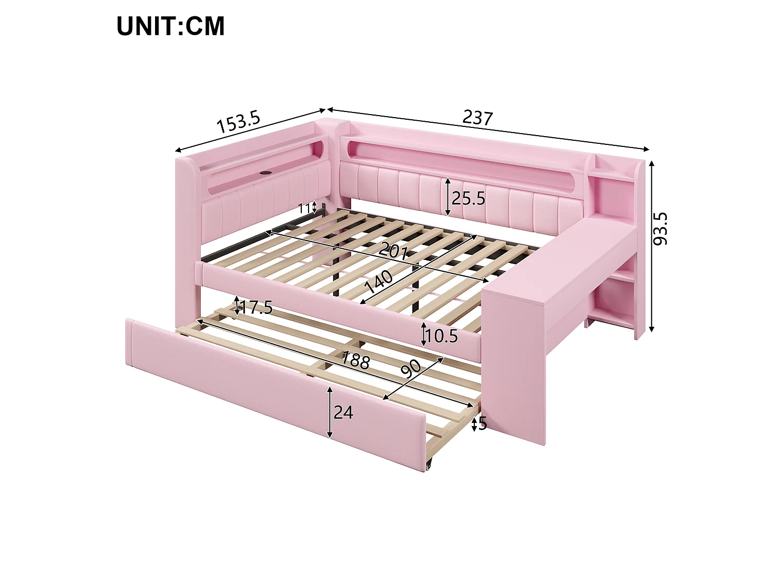 Lit banquette gigogne 140x200 cm en tissu rose avec bureau intégré, lit d'appoint 90x190, LED, USB et étagères, sans matelas