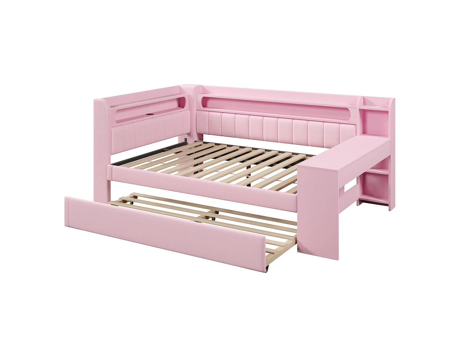 Lit banquette gigogne 140x200 cm en tissu rose avec bureau intégré, lit d'appoint 90x190, LED, USB et étagères, sans matelas