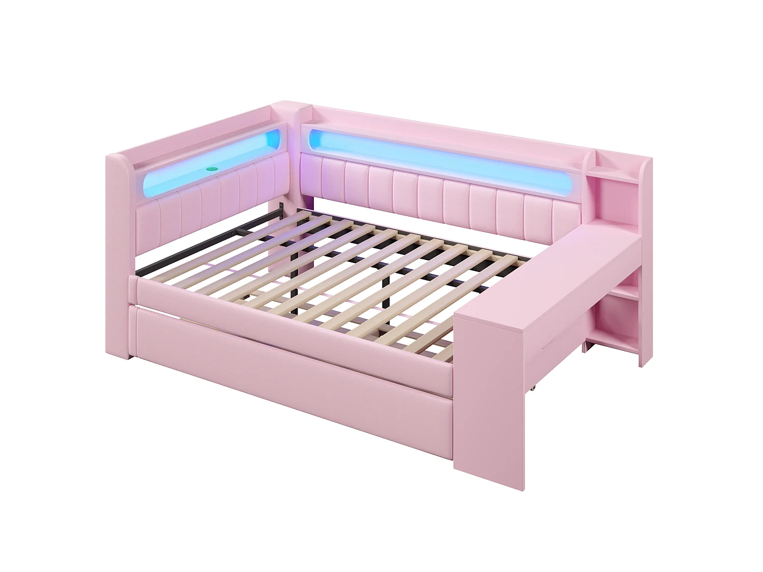 Lit banquette gigogne 140x200 cm en tissu rose avec bureau intégré, lit d'appoint 90x190, LED, USB et étagères, sans matelas