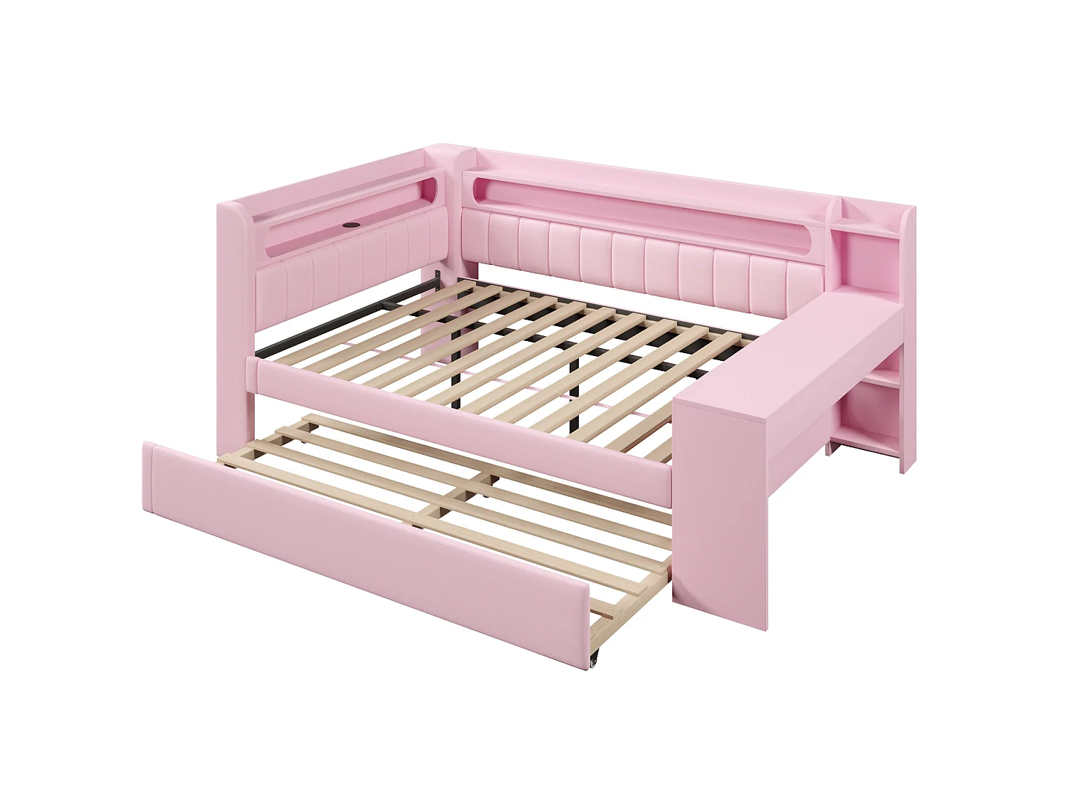 Lit banquette gigogne 140x200 cm en tissu rose avec bureau intégré, lit d'appoint 90x190, LED, USB et étagères, sans matelas