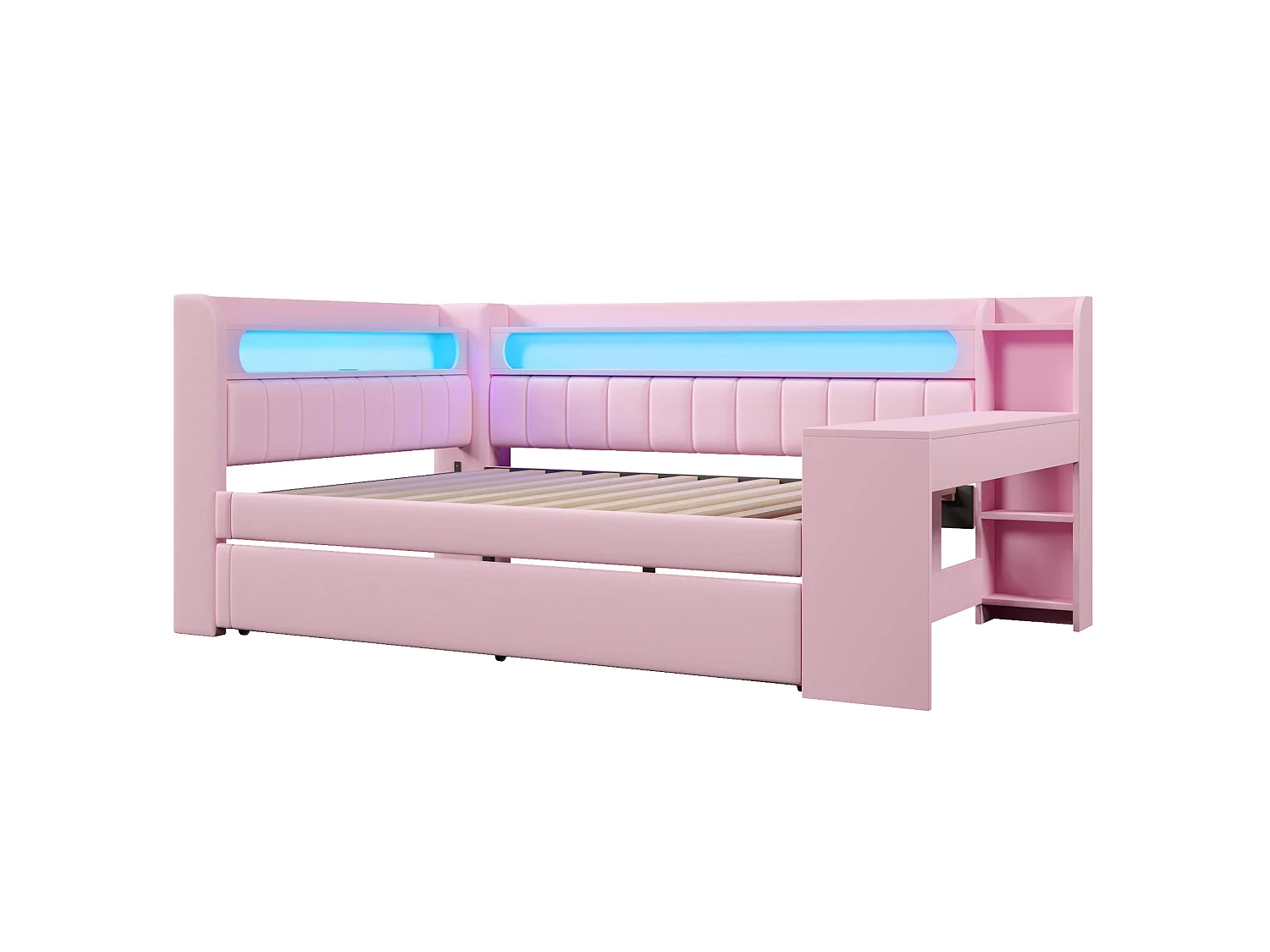 Lit banquette gigogne 140x200 cm en tissu rose avec bureau intégré, lit d'appoint 90x190, LED, USB et étagères, sans matelas