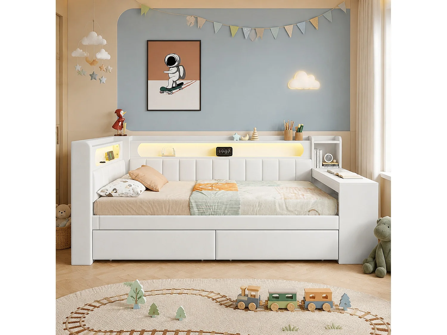 Lit banquette enfant 90x200 cm en lin blanc avec bureau intégré, 2 tiroirs, LED et USB, sans matelas