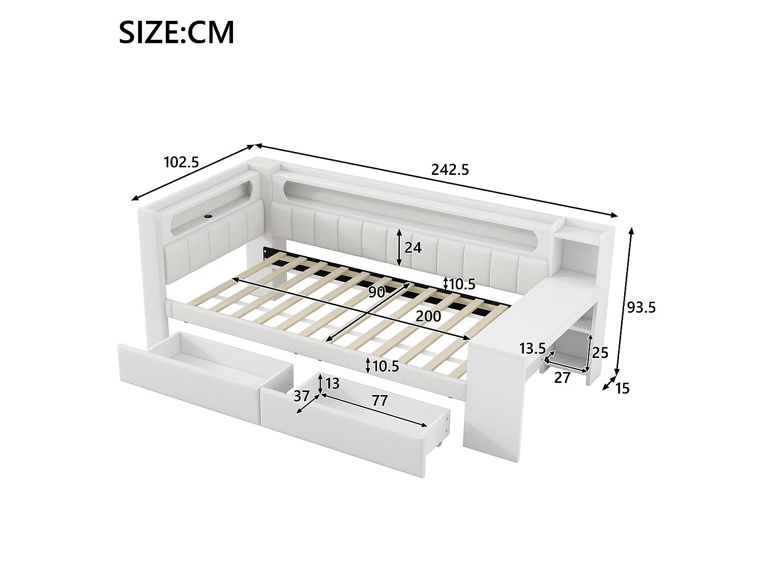 Lit banquette enfant 90x200 cm en lin blanc avec bureau intégré, 2 tiroirs, LED et USB, sans matelas