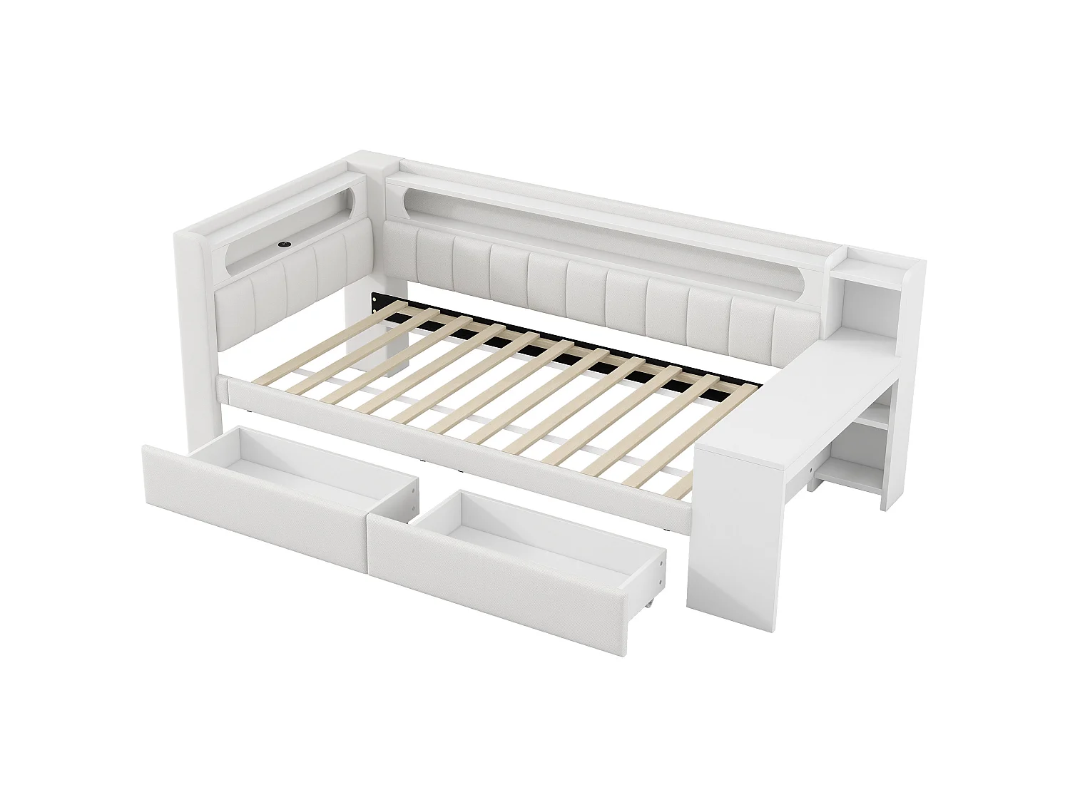 Lit banquette enfant 90x200 cm en lin blanc avec bureau intégré, 2 tiroirs, LED et USB, sans matelas