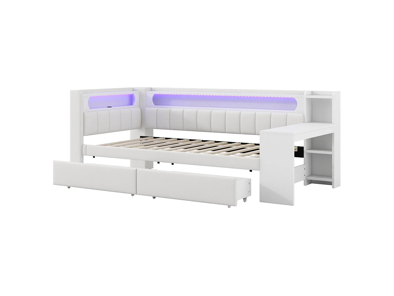 Lit banquette enfant 90x200 cm en lin blanc avec bureau intégré, 2 tiroirs, LED et USB, sans matelas