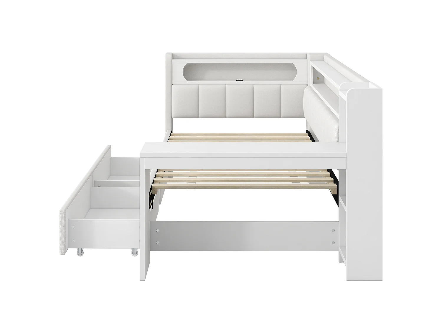 Lit banquette enfant 90x200 cm en lin blanc avec bureau intégré, 2 tiroirs, LED et USB, sans matelas