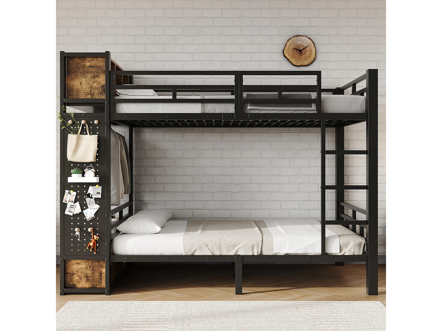 Etagenbett 120x200 cm aus schwarzem Metall und Holz mit offenen Regalen, Kleiderschrank und 1 Schublade, ohne Matratze
