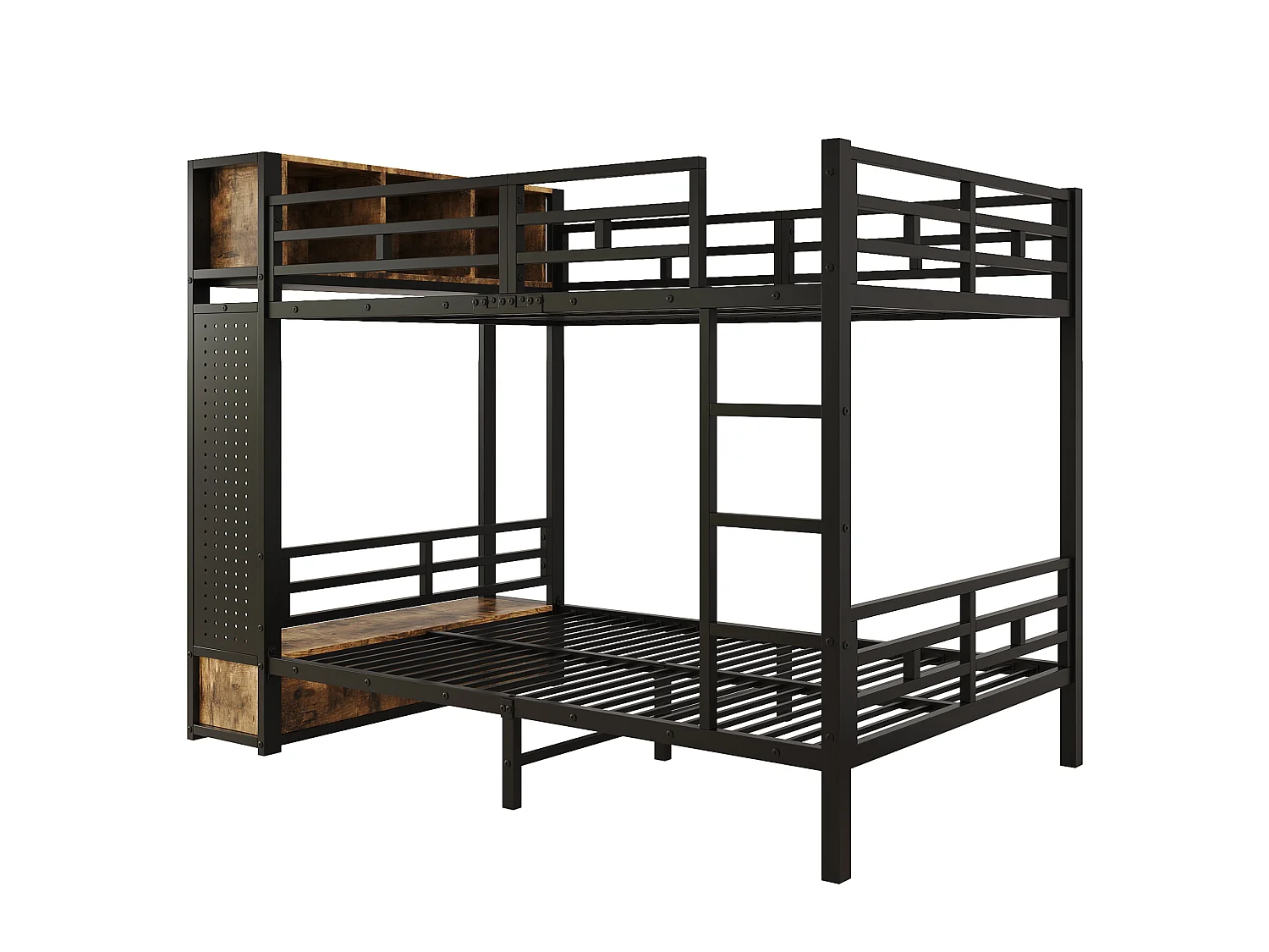 Etagenbett 120x200 cm aus schwarzem Metall und Holz mit offenen Regalen, Kleiderschrank und 1 Schublade, ohne Matratze