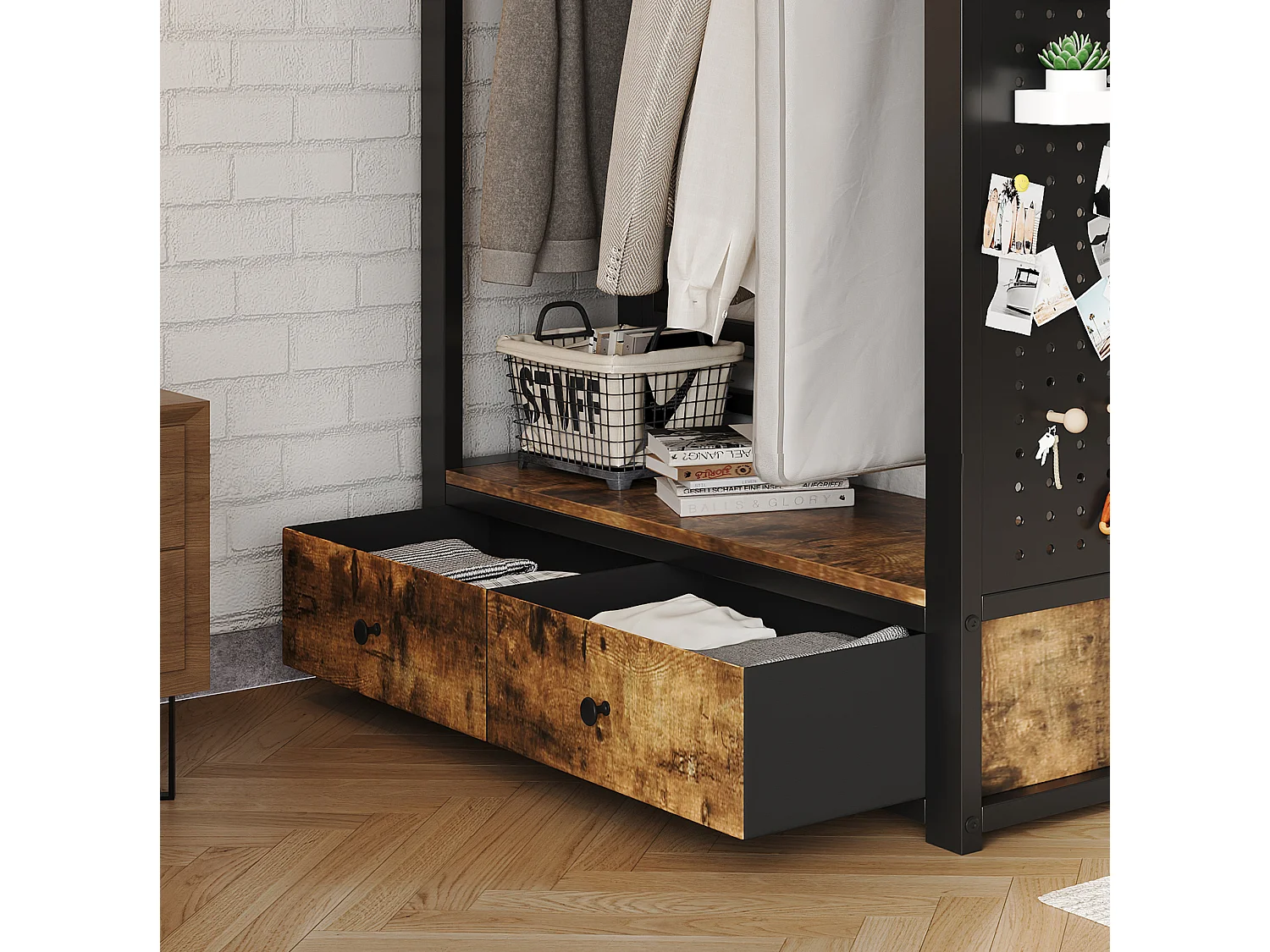 Etagenbett 120x200 cm aus schwarzem Metall und Holz mit offenen Regalen, Kleiderschrank und 1 Schublade, ohne Matratze