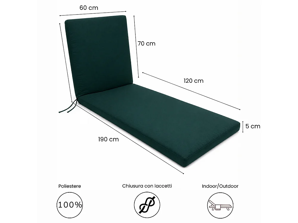 Tempo Style - Cuscino per lettino da esterno 190×60 cm con schienale reclinabile e laccetti in poliestere – Verde