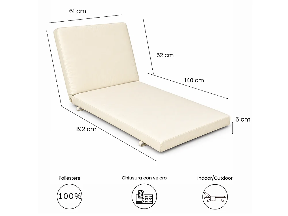 Tempo Style - Cuscino per lettino da esterno 192×61 cm con schienale reclinabile e velcro in poliestere – Avorio