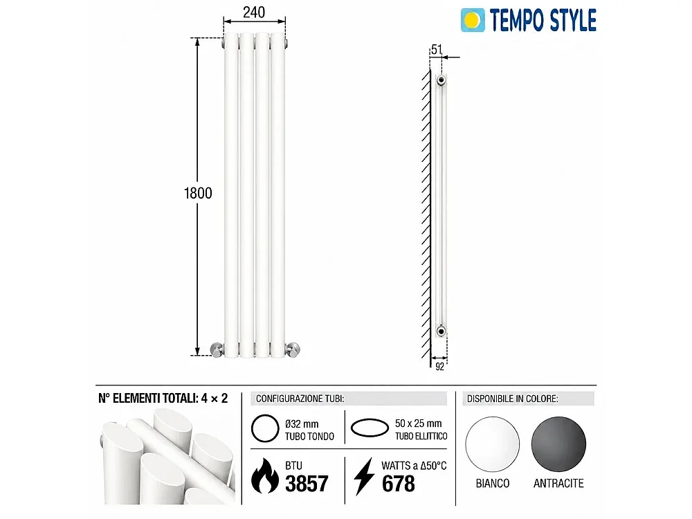 Tempo Style - Radiateur vertical 1800x240 mm | 678 W | Radiateur décoratif 3857 BTU, 4 x 2 éléments - Blanc