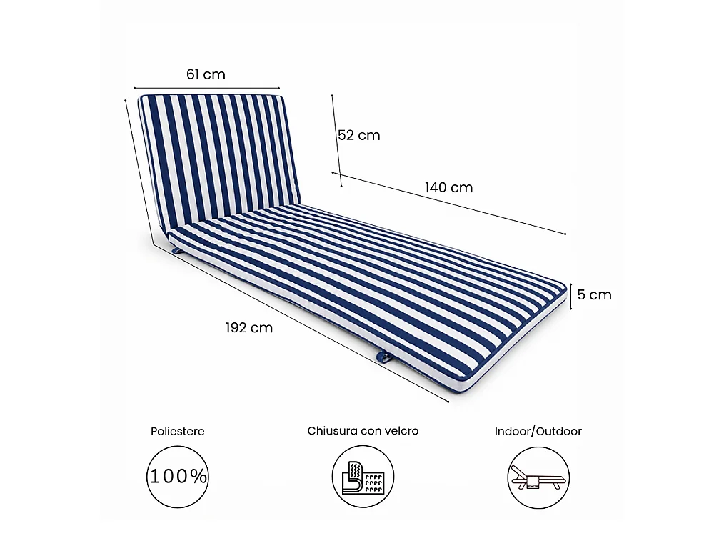 Tempo Style - Cuscino per lettino da esterno 192×61 cm a righe con schienale reclinabile e velcro in poliestere – Blu/Bianco