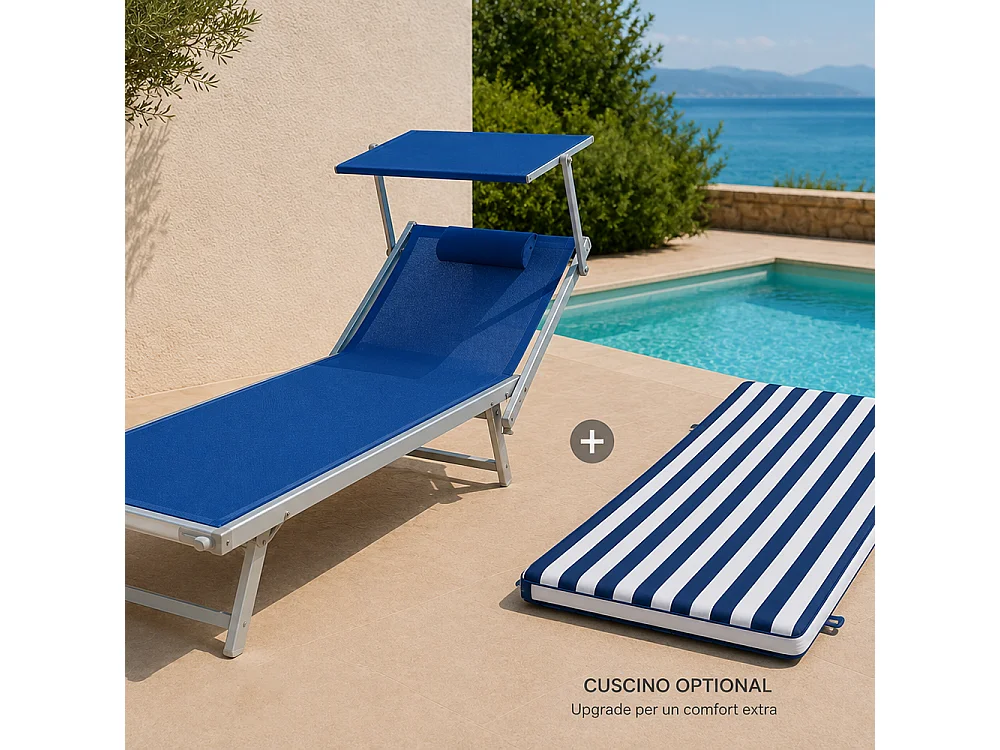 Tempo Style - Cuscino per lettino da esterno 192×61 cm a righe con schienale reclinabile e velcro in poliestere – Blu/Bianco