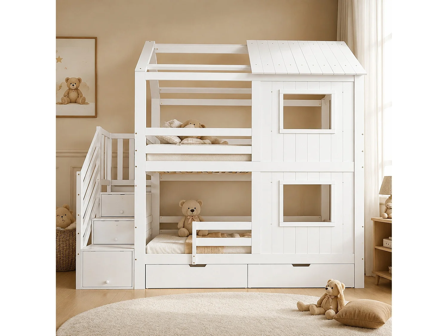 Etagenbett 90x200 cm aus weißem Holz mit Stauraumtreppe, Schubladen und Lattenrost, ohne Matratze