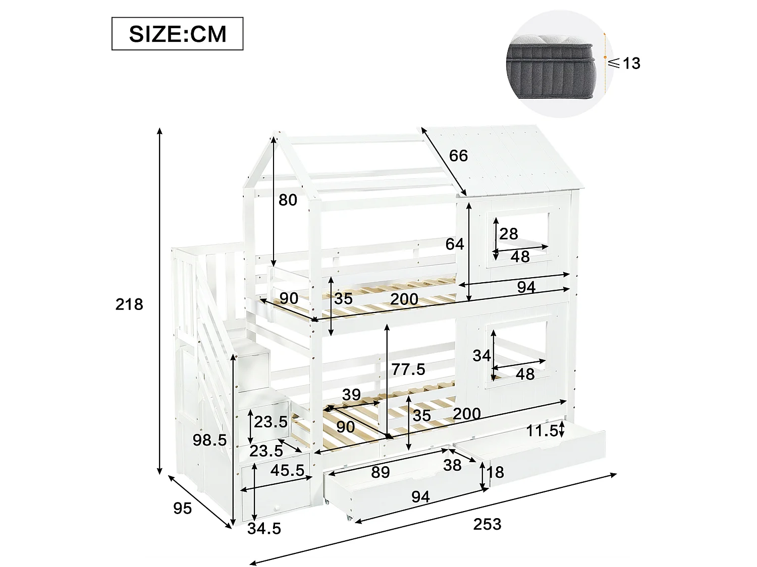Etagenbett 90x200 cm aus weißem Holz mit Stauraumtreppe, Schubladen und Lattenrost, ohne Matratze