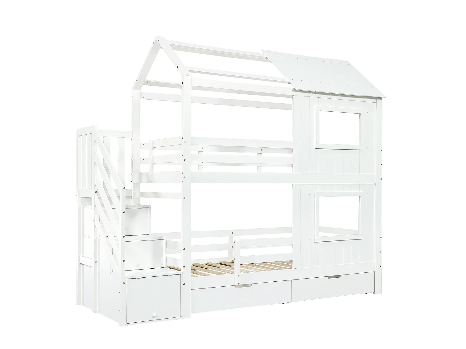 Etagenbett 90x200 cm aus weißem Holz mit Stauraumtreppe, Schubladen und Lattenrost, ohne Matratze