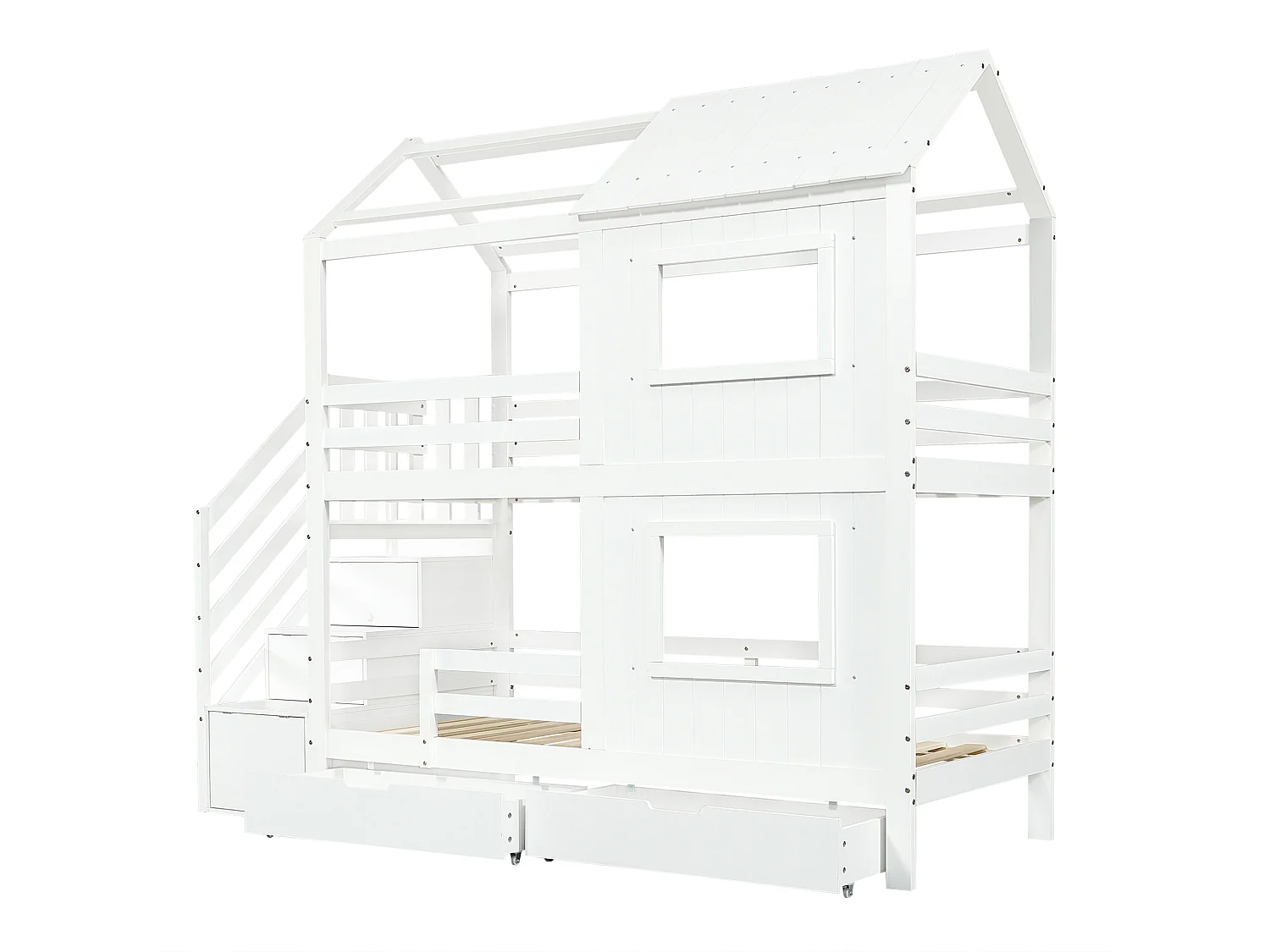 Etagenbett 90x200 cm aus weißem Holz mit Stauraumtreppe, Schubladen und Lattenrost, ohne Matratze