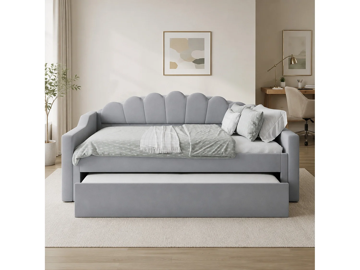 Ausziehbares Tagesbett 140x200 cm graues Leinen, 7-farbige LED, Lattenrost, ohne Matratze