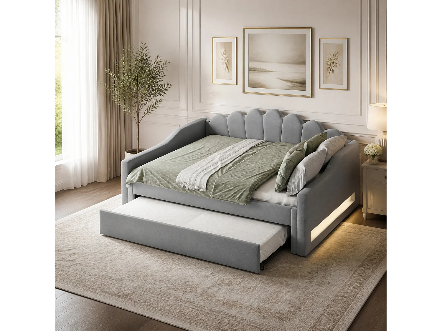 Ausziehbares Tagesbett 140x200 cm graues Leinen, 7-farbige LED, Lattenrost, ohne Matratze
