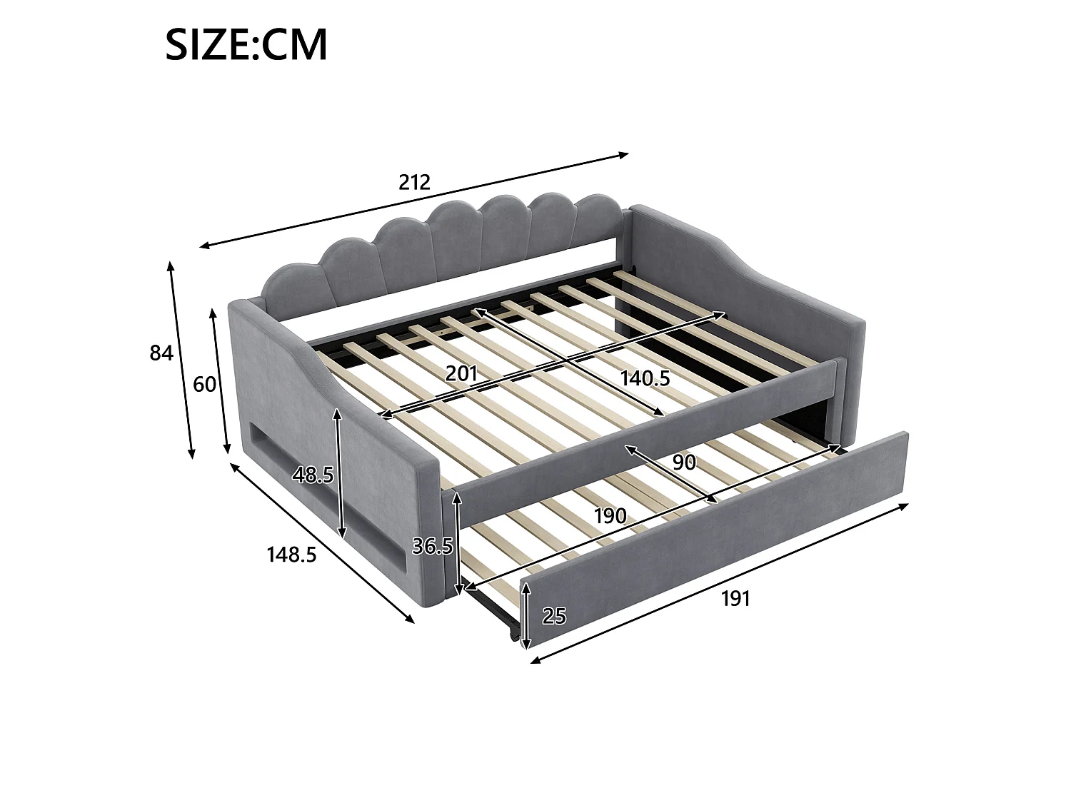 Ausziehbares Tagesbett 140x200 cm graues Leinen, 7-farbige LED, Lattenrost, ohne Matratze