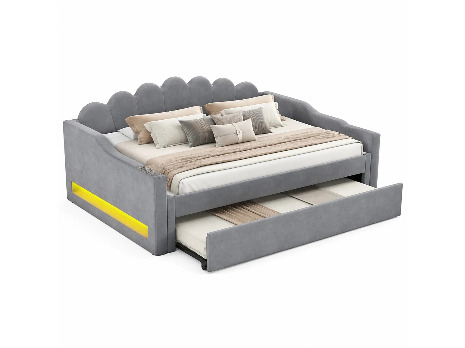 Ausziehbares Tagesbett 140x200 cm graues Leinen, 7-farbige LED, Lattenrost, ohne Matratze