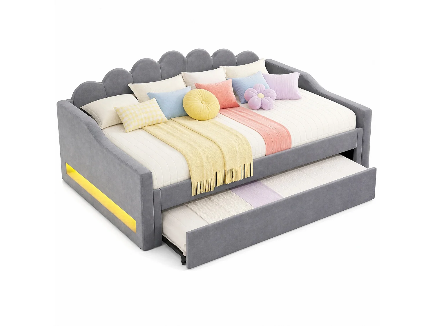 Ausziehbares Tagesbett 140x200 cm graues Leinen, 7-farbige LED, Lattenrost, ohne Matratze