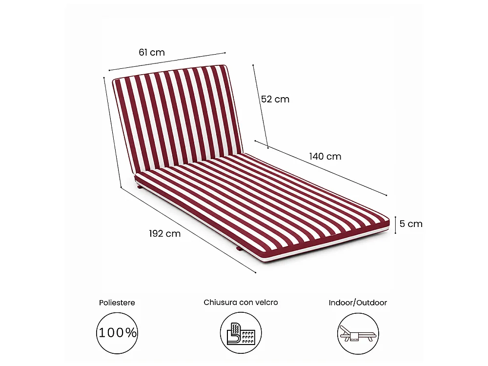 Tempo Style - Cuscino per lettino da esterno 192×61 cm a righe con schienale reclinabile e velcro in poliestere – Bordeaux/Bianco