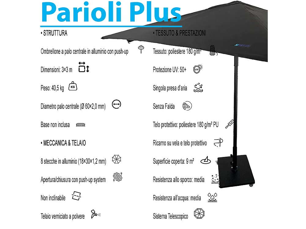 Tempo Style - Ombrellone da Giardino Parioli Plus 3x3 m | Robusto Ombrellone da Esterno in Alluminio e Poliestere 180g/㎡ (Nero)