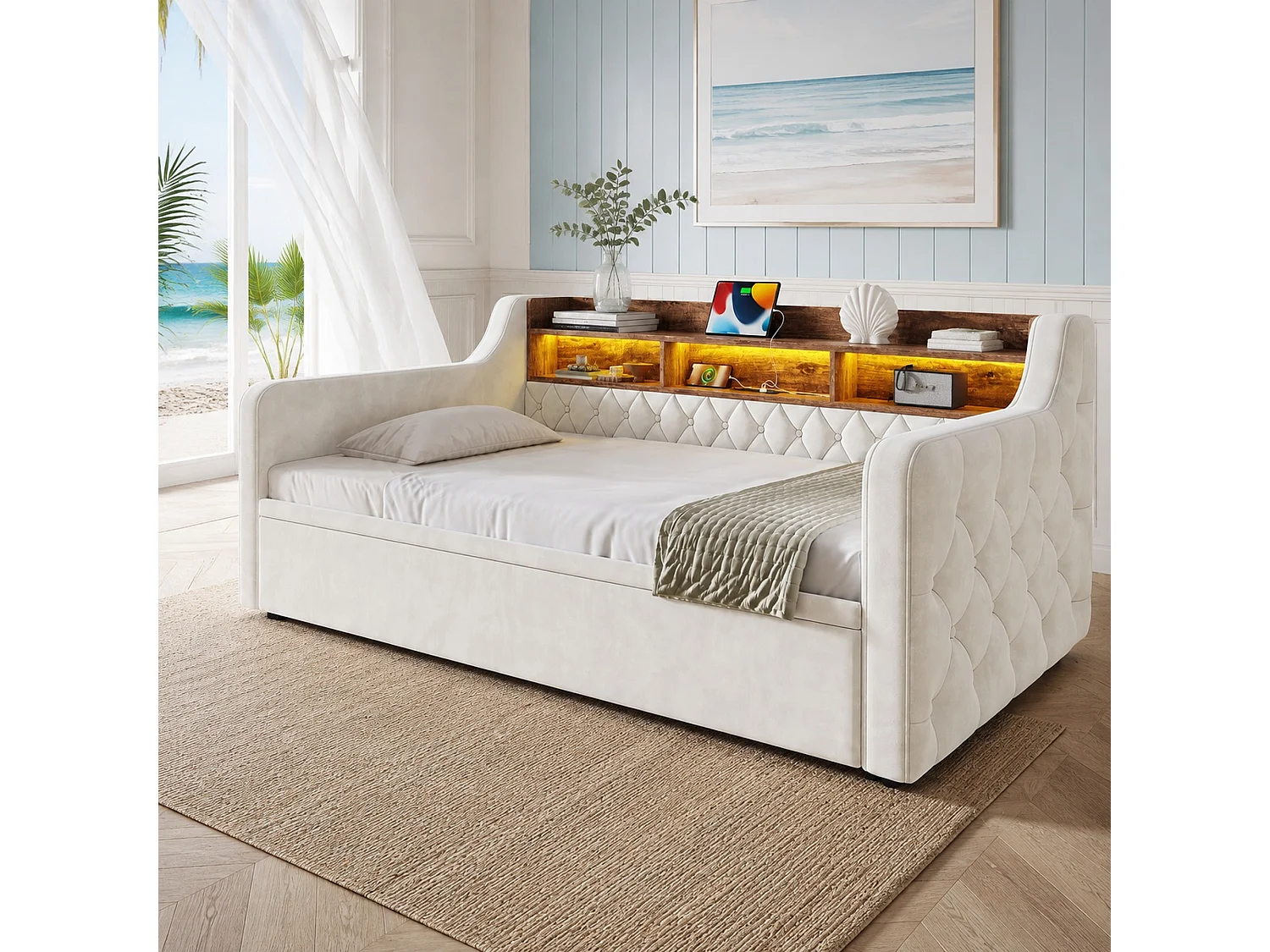 Ausziehbett 90x190 cm aus beigem Velours, LED-Kopfteil mit USB- und USB-C-Anschlüssen, ohne Matratze
