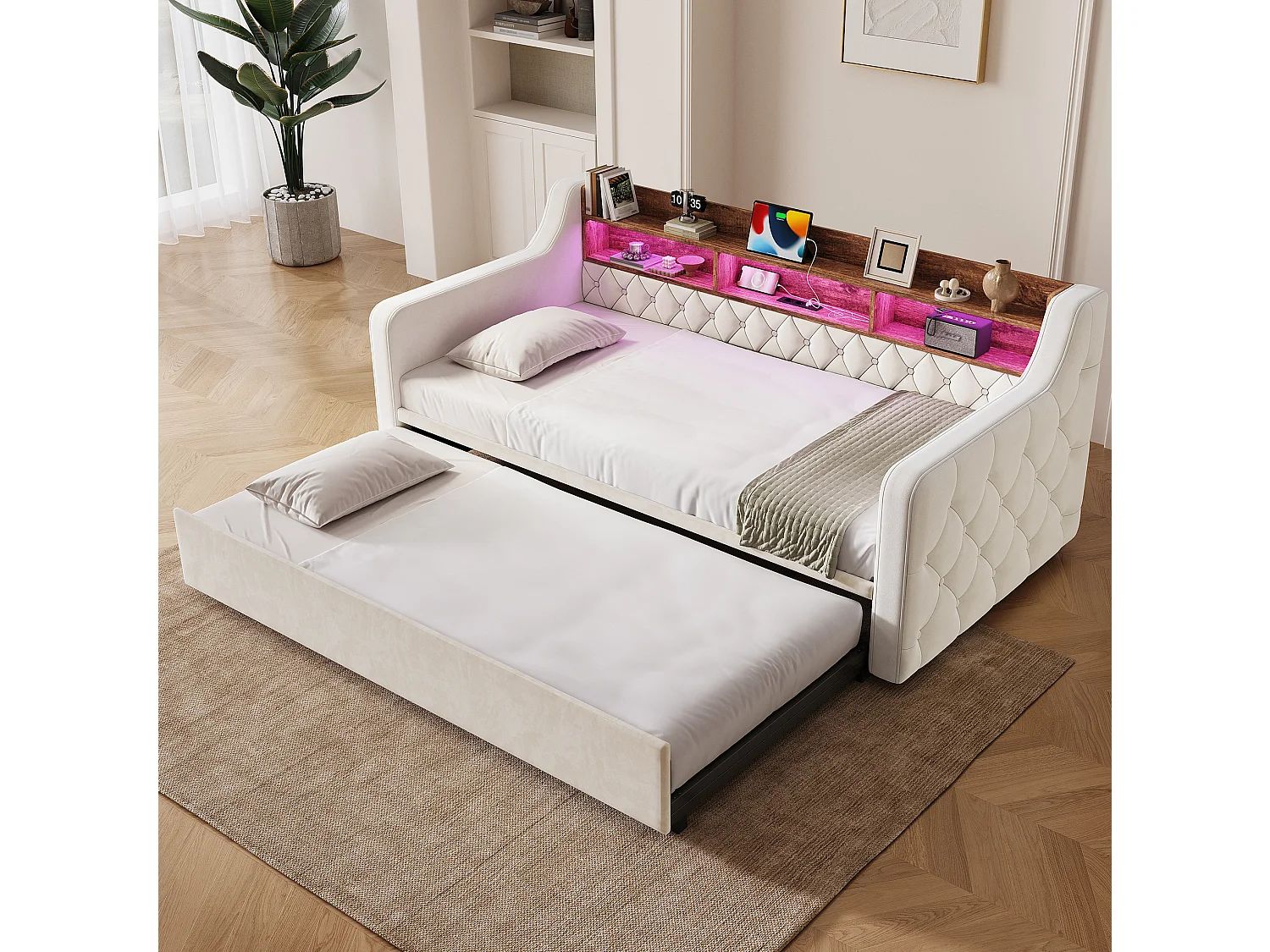 Ausziehbett 90x190 cm aus beigem Velours, LED-Kopfteil mit USB- und USB-C-Anschlüssen, ohne Matratze
