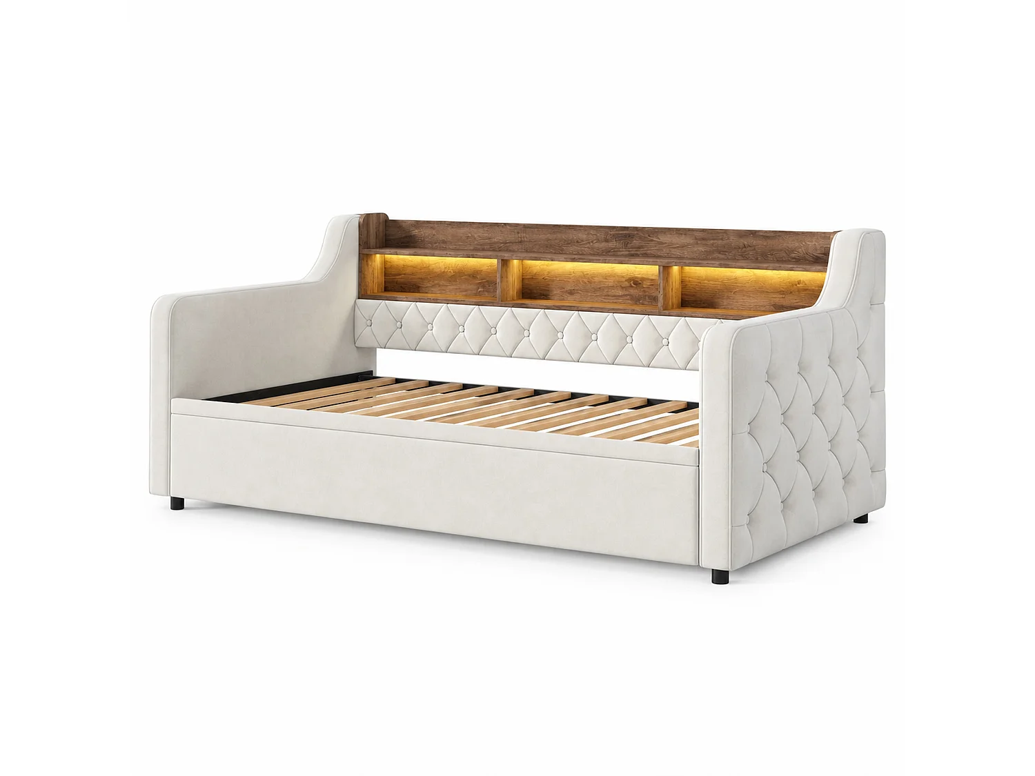 Ausziehbett 90x190 cm aus beigem Velours, LED-Kopfteil mit USB- und USB-C-Anschlüssen, ohne Matratze