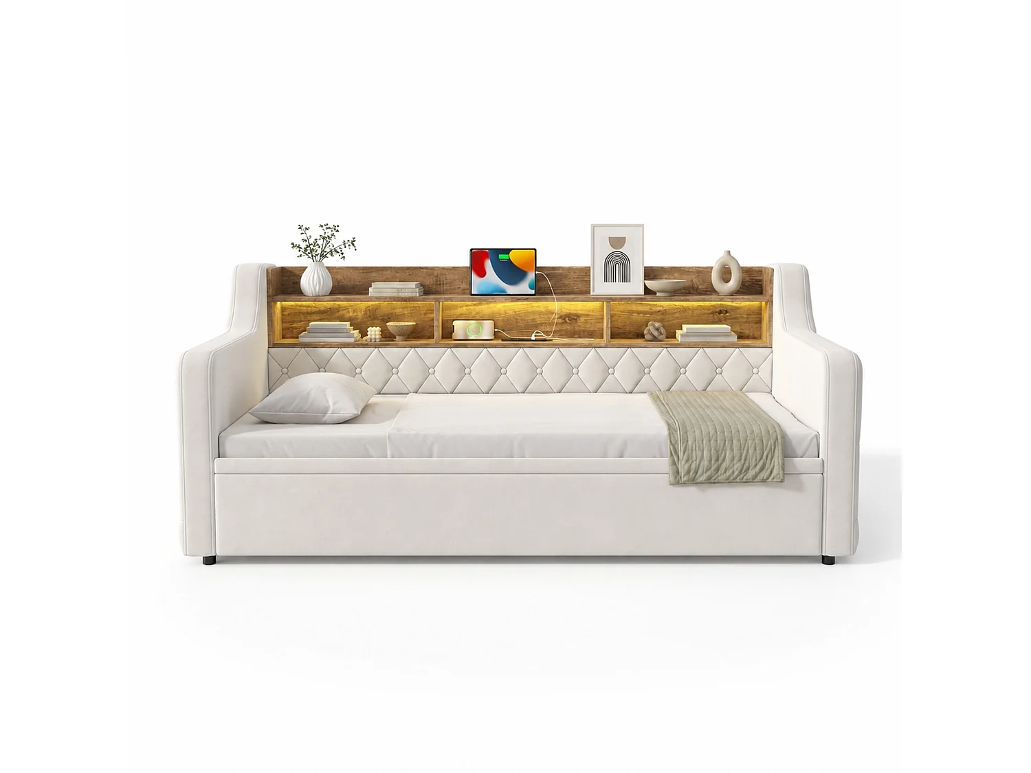 Ausziehbett 90x190 cm aus beigem Velours, LED-Kopfteil mit USB- und USB-C-Anschlüssen, ohne Matratze