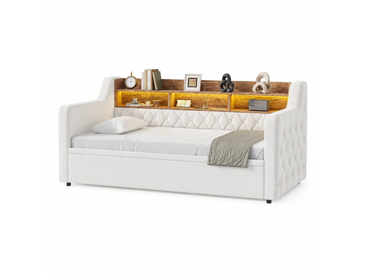 Ausziehbett 90x190 cm aus beigem Velours, LED-Kopfteil mit USB- und USB-C-Anschlüssen, ohne Matratze