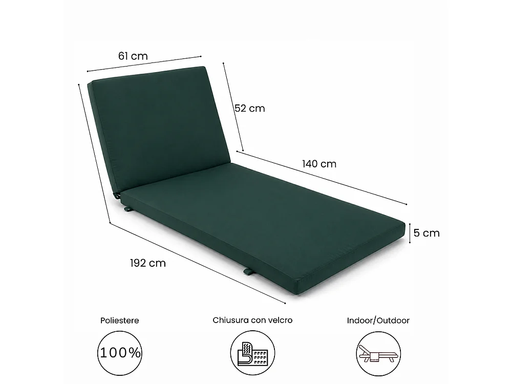 Tempo Style - Cuscino per lettino da esterno 192×61 cm con schienale reclinabile e velcro in poliestere – Verde