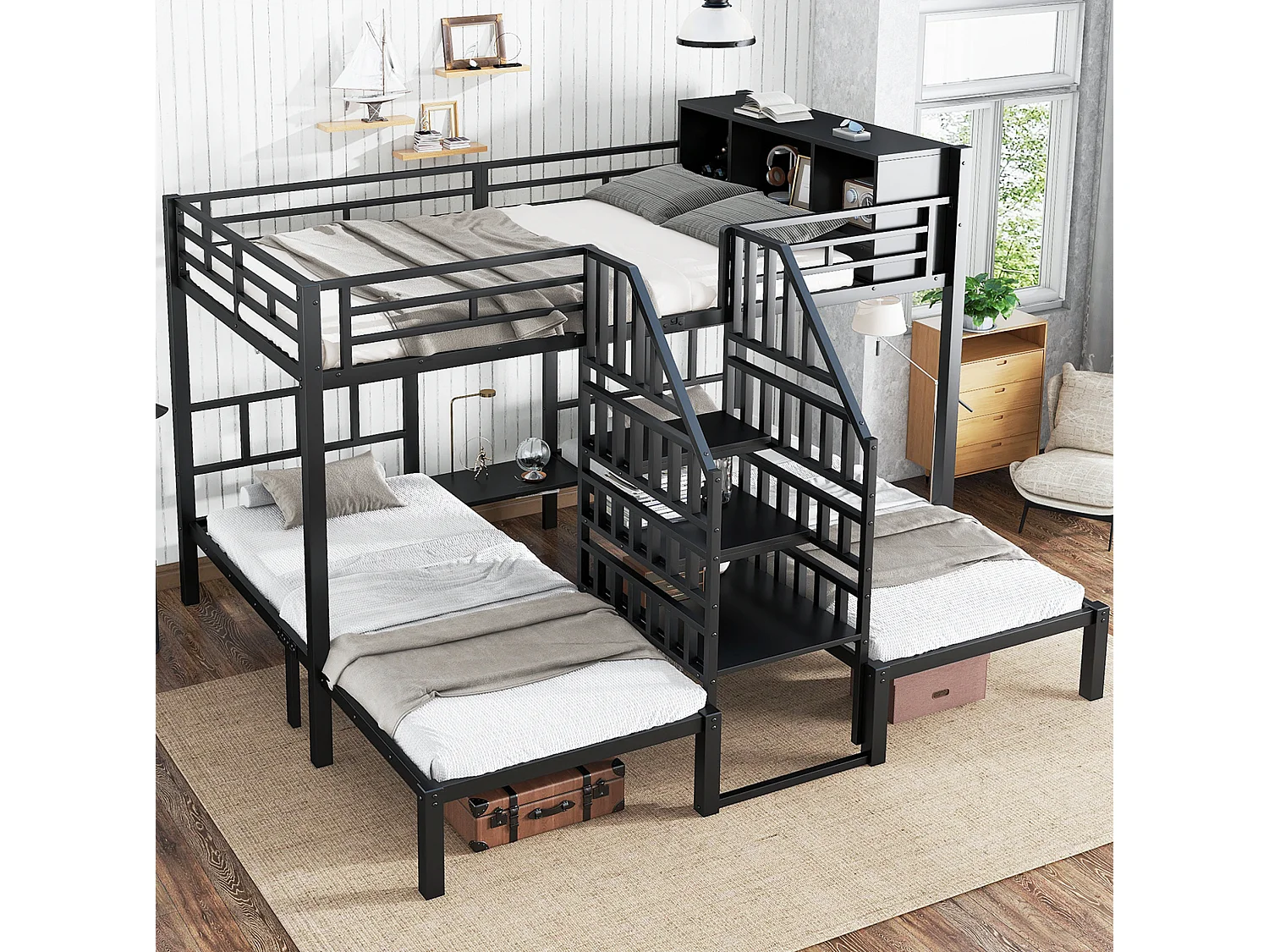 Etagenbett 90x200 und 140x200 cm aus schwarzem Metall und Holz, 3 Schlafplätze mit Stauraum und Treppe mit Geländer, ohne Matratze