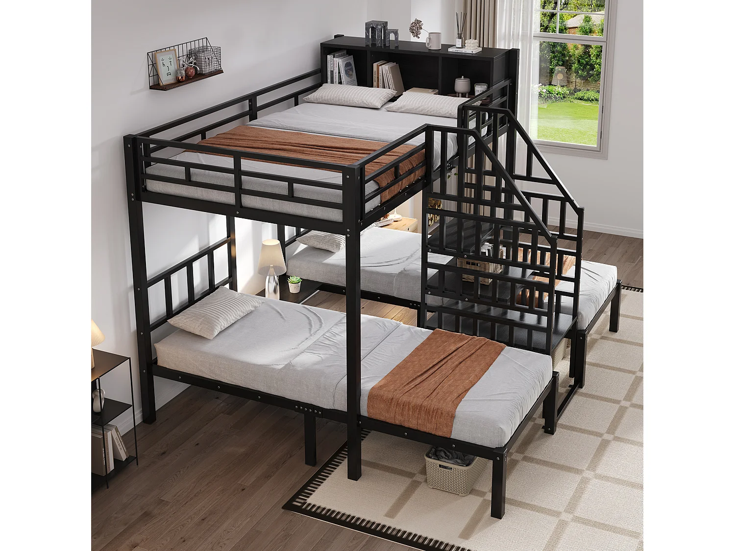 Etagenbett 90x200 und 140x200 cm aus schwarzem Metall und Holz, 3 Schlafplätze mit Stauraum und Treppe mit Geländer, ohne Matratze