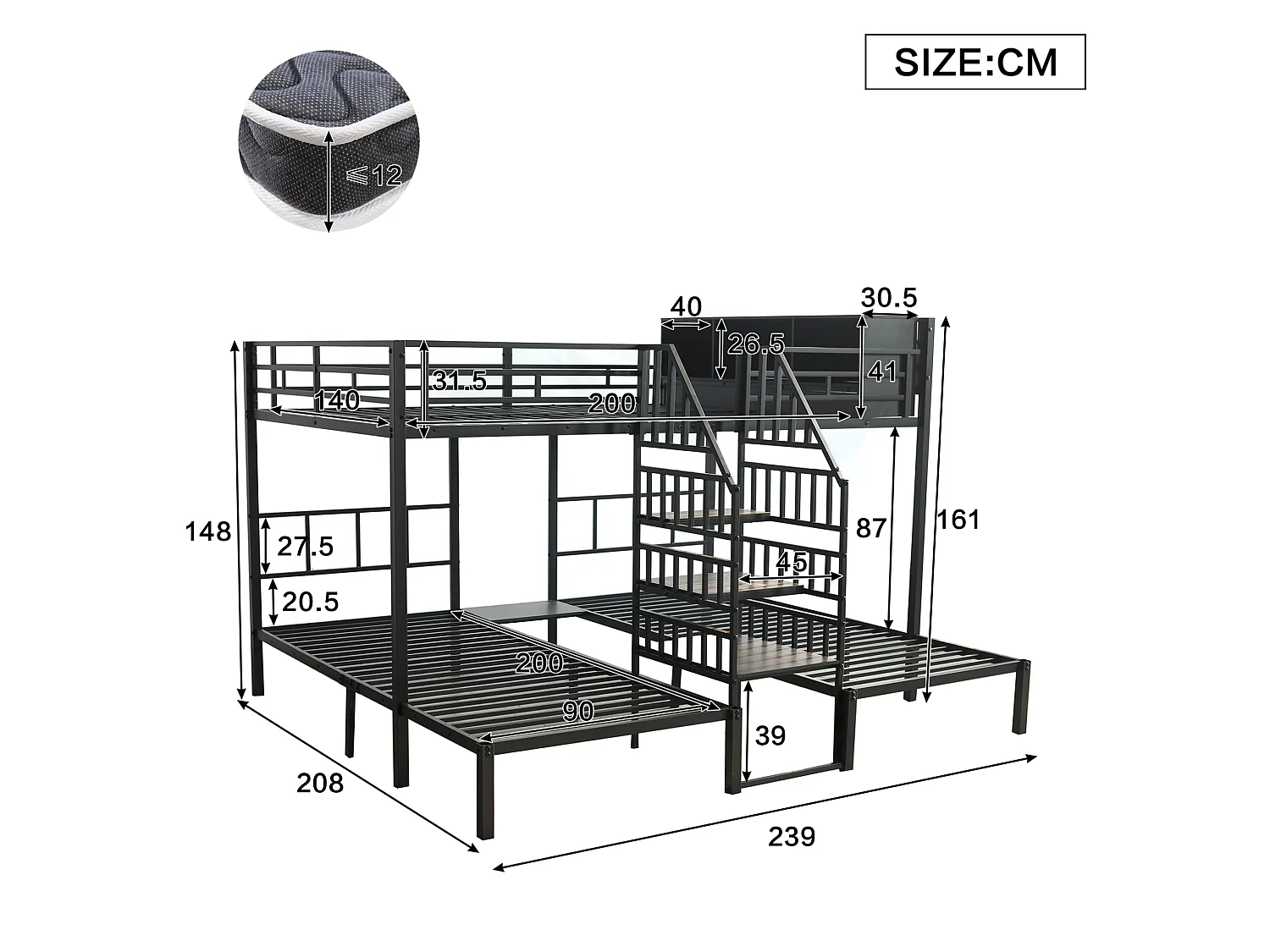 Etagenbett 90x200 und 140x200 cm aus schwarzem Metall und Holz, 3 Schlafplätze mit Stauraum und Treppe mit Geländer, ohne Matratze