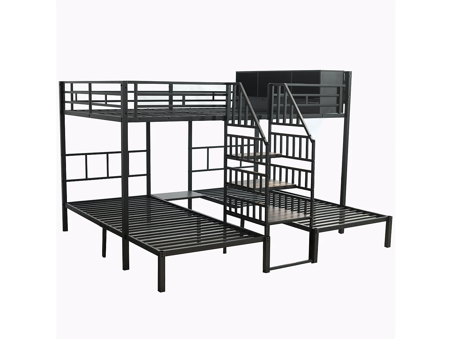 Etagenbett 90x200 und 140x200 cm aus schwarzem Metall und Holz, 3 Schlafplätze mit Stauraum und Treppe mit Geländer, ohne Matratze