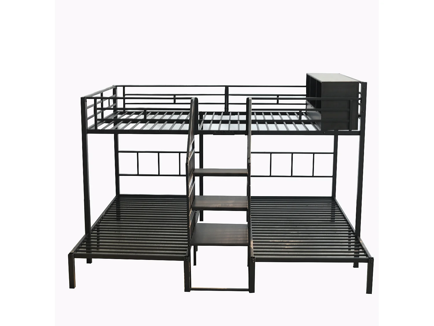 Etagenbett 90x200 und 140x200 cm aus schwarzem Metall und Holz, 3 Schlafplätze mit Stauraum und Treppe mit Geländer, ohne Matratze