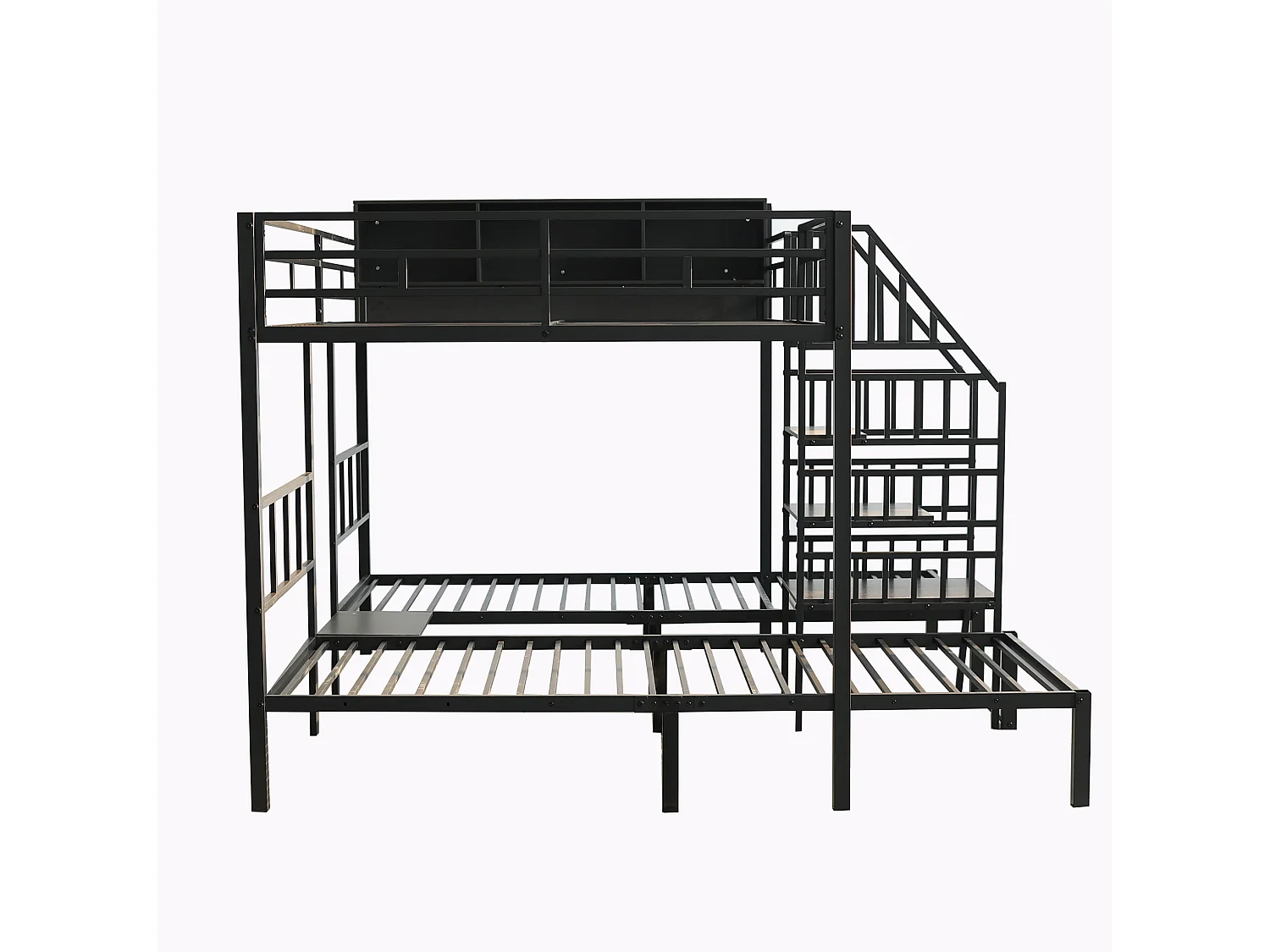 Etagenbett 90x200 und 140x200 cm aus schwarzem Metall und Holz, 3 Schlafplätze mit Stauraum und Treppe mit Geländer, ohne Matratze