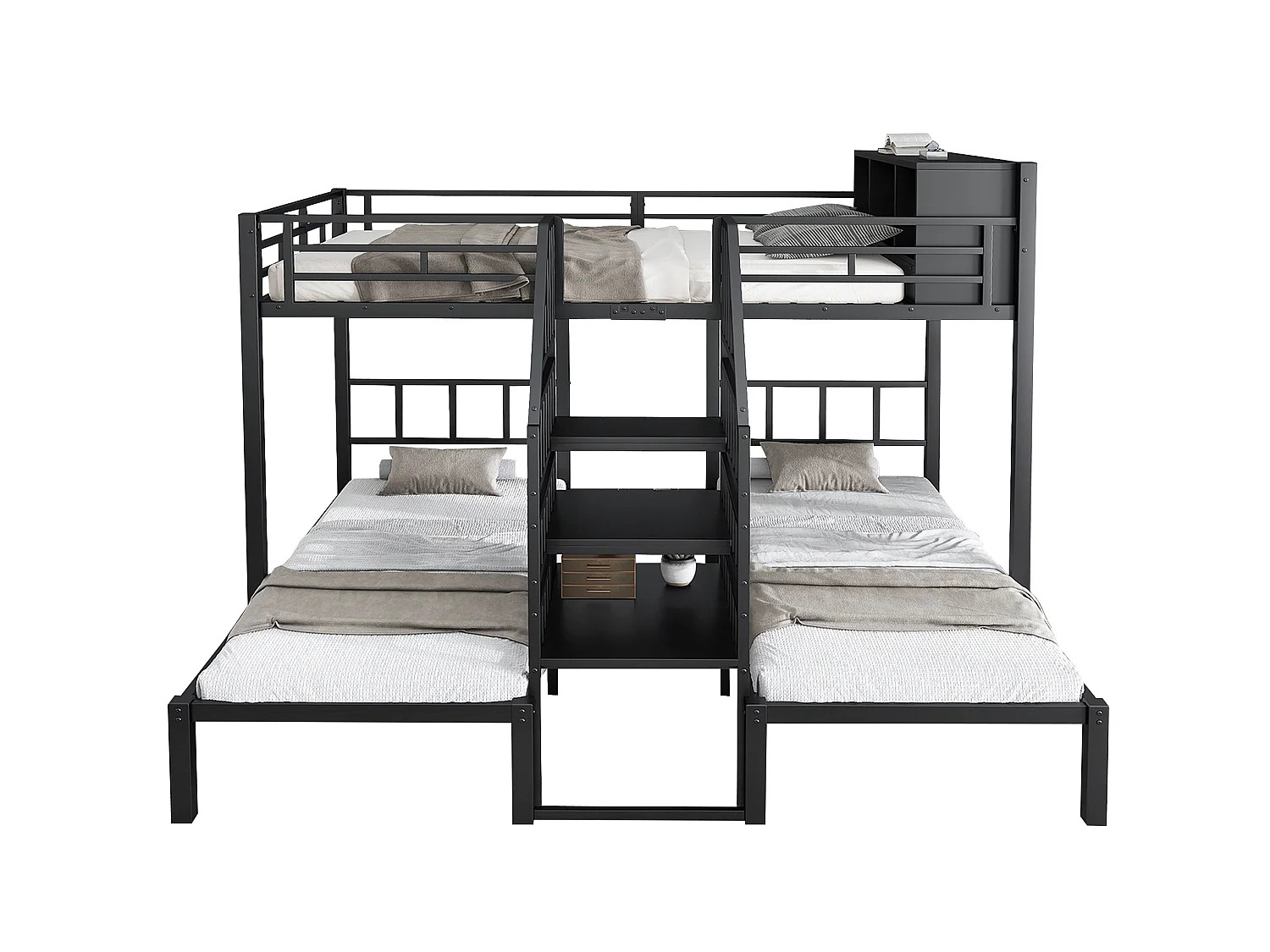 Etagenbett 90x200 und 140x200 cm aus schwarzem Metall und Holz, 3 Schlafplätze mit Stauraum und Treppe mit Geländer, ohne Matratze