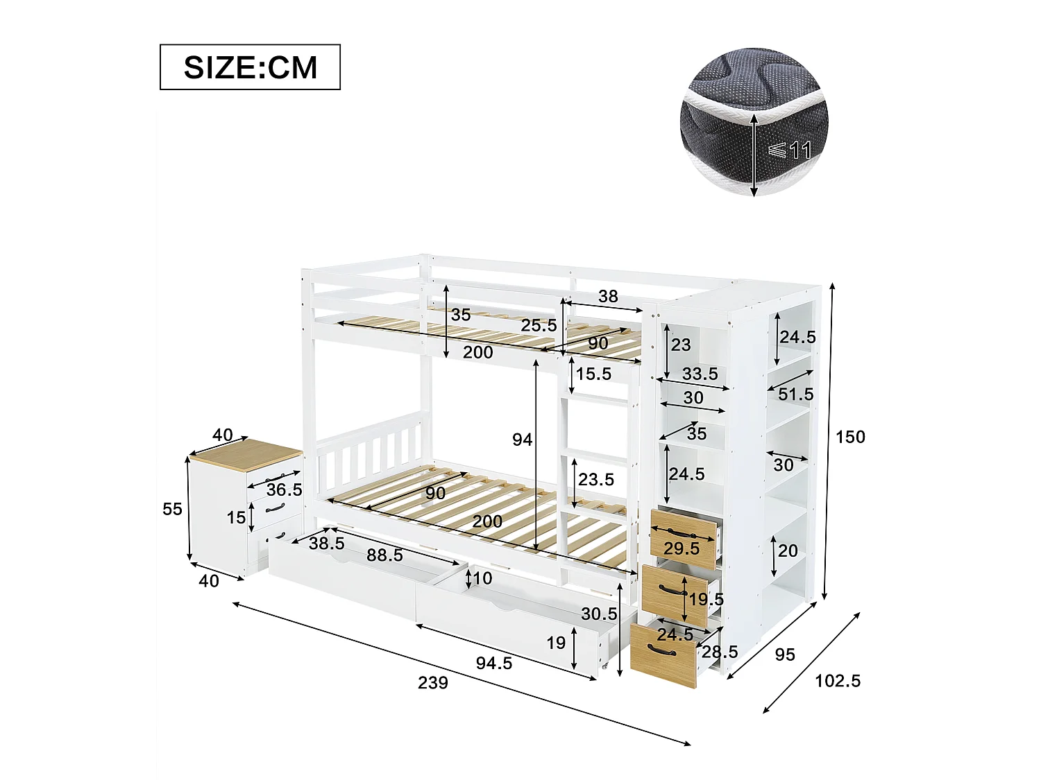 Lit superposé enfant 90x200 cm blanc et naturel avec 2 couchages, rangements latéraux, tiroirs, chevet amovible, sans matelas