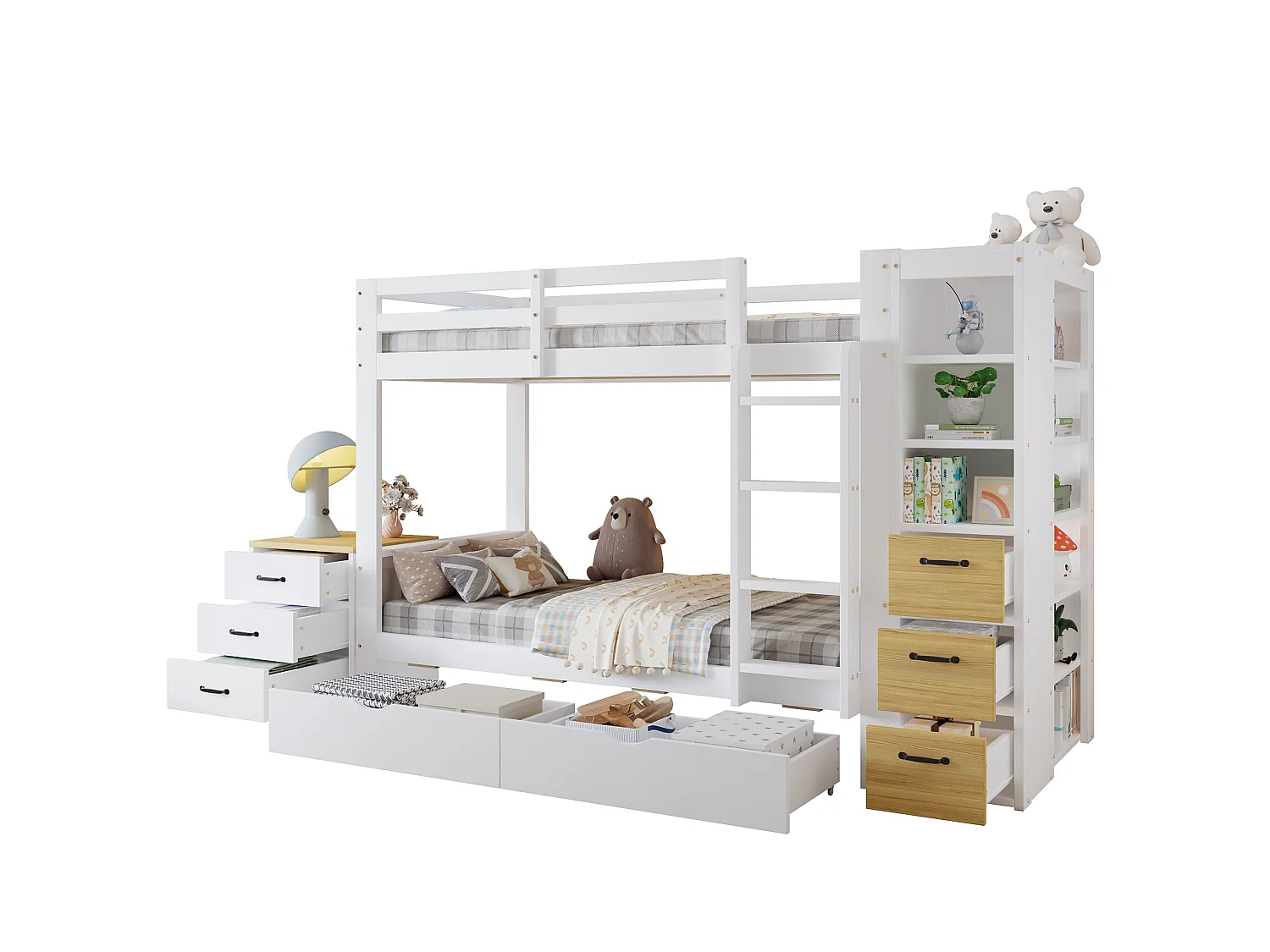 Lit superposé enfant 90x200 cm blanc et naturel avec 2 couchages, rangements latéraux, tiroirs, chevet amovible, sans matelas