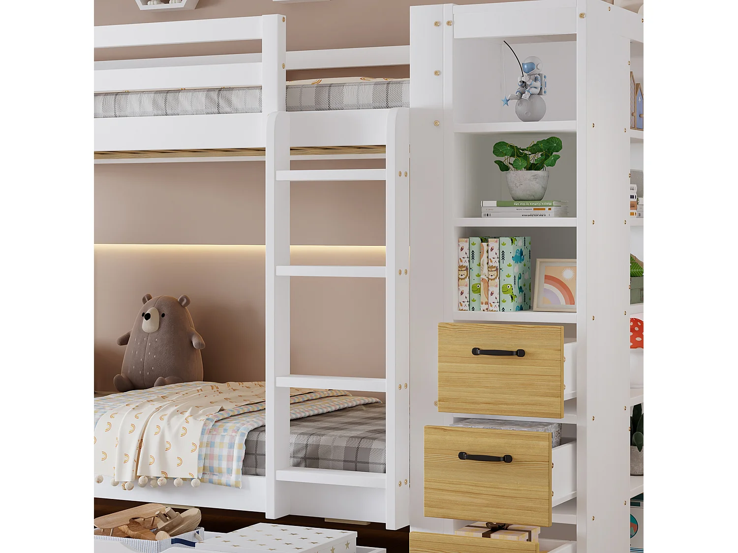 Lit superposé enfant 90x200 cm blanc et naturel avec 2 couchages, rangements latéraux, tiroirs, chevet amovible, sans matelas