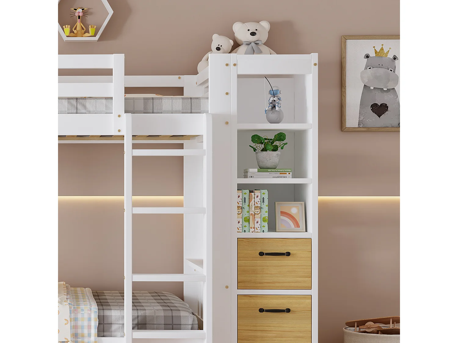 Lit superposé enfant 90x200 cm blanc et naturel avec 2 couchages, rangements latéraux, tiroirs, chevet amovible, sans matelas