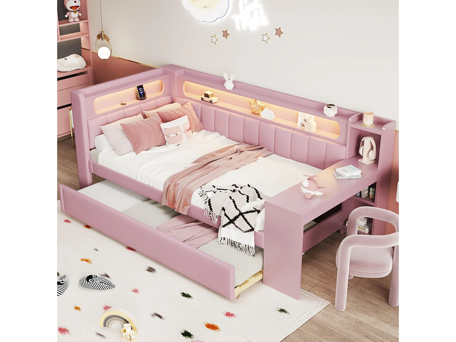 Ausziehbares Tagesbett 90x200 cm aus rosé Leinen mit integriertem Schreibtisch, Gästebett 90x190, LED und Regalen, ohne Matratze