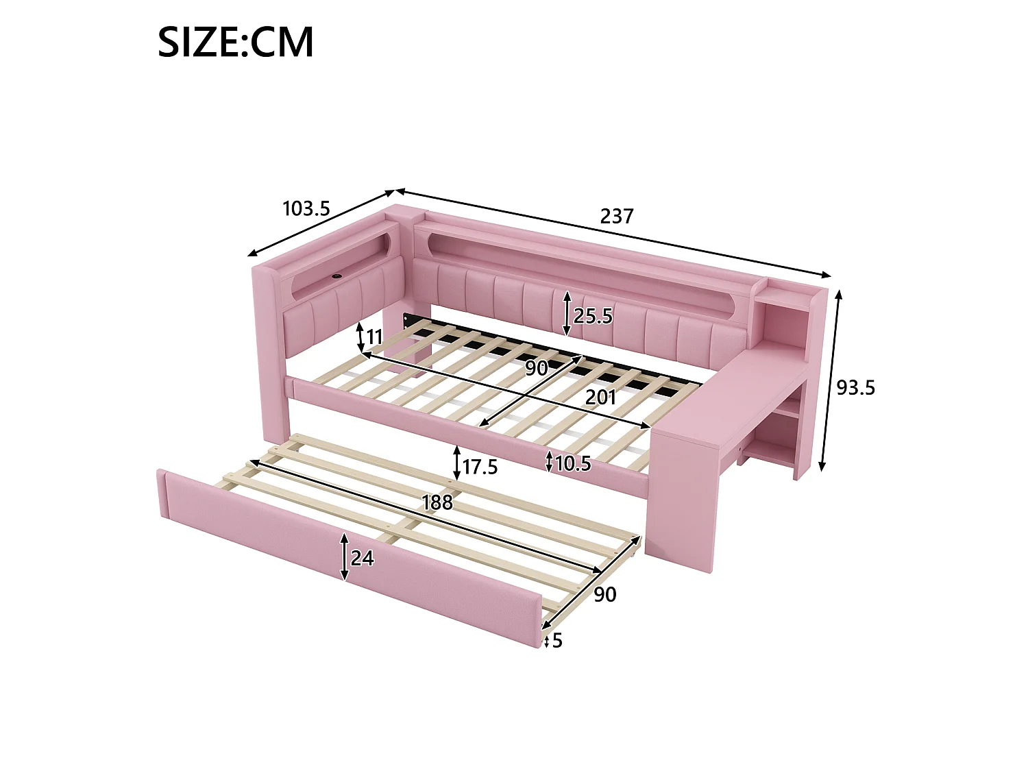 Ausziehbares Tagesbett 90x200 cm aus rosé Leinen mit integriertem Schreibtisch, Gästebett 90x190, LED und Regalen, ohne Matratze